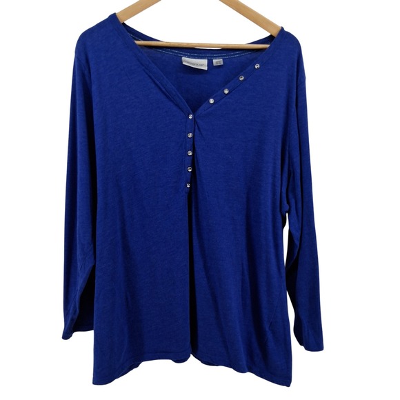Avenue Womens Plus Size 26/28 Blue Long Sleeve Henley Top Rhinestone Buttons - Picture 1 of 11